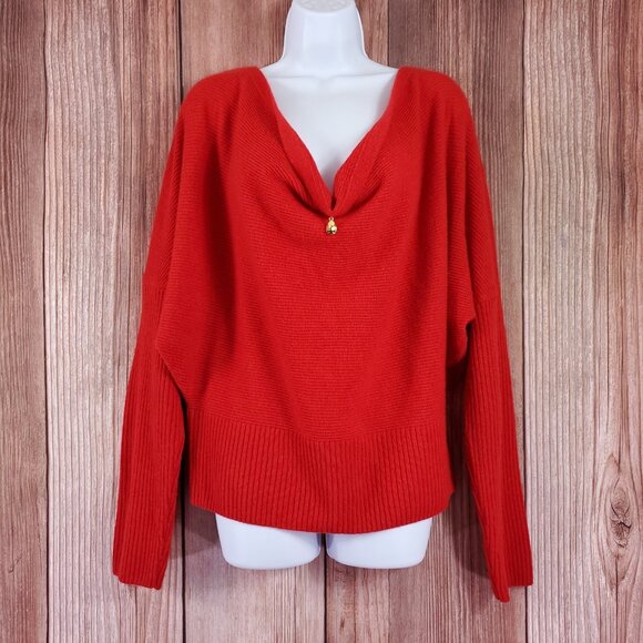 St John Womens Large 100% Cashmere Red Cowl Neck Pullover Sweater Gold Charm - Picture 1 of 15